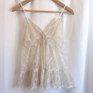 Millau Cream Lace Ruffled Spaghetti Strap Top, XS